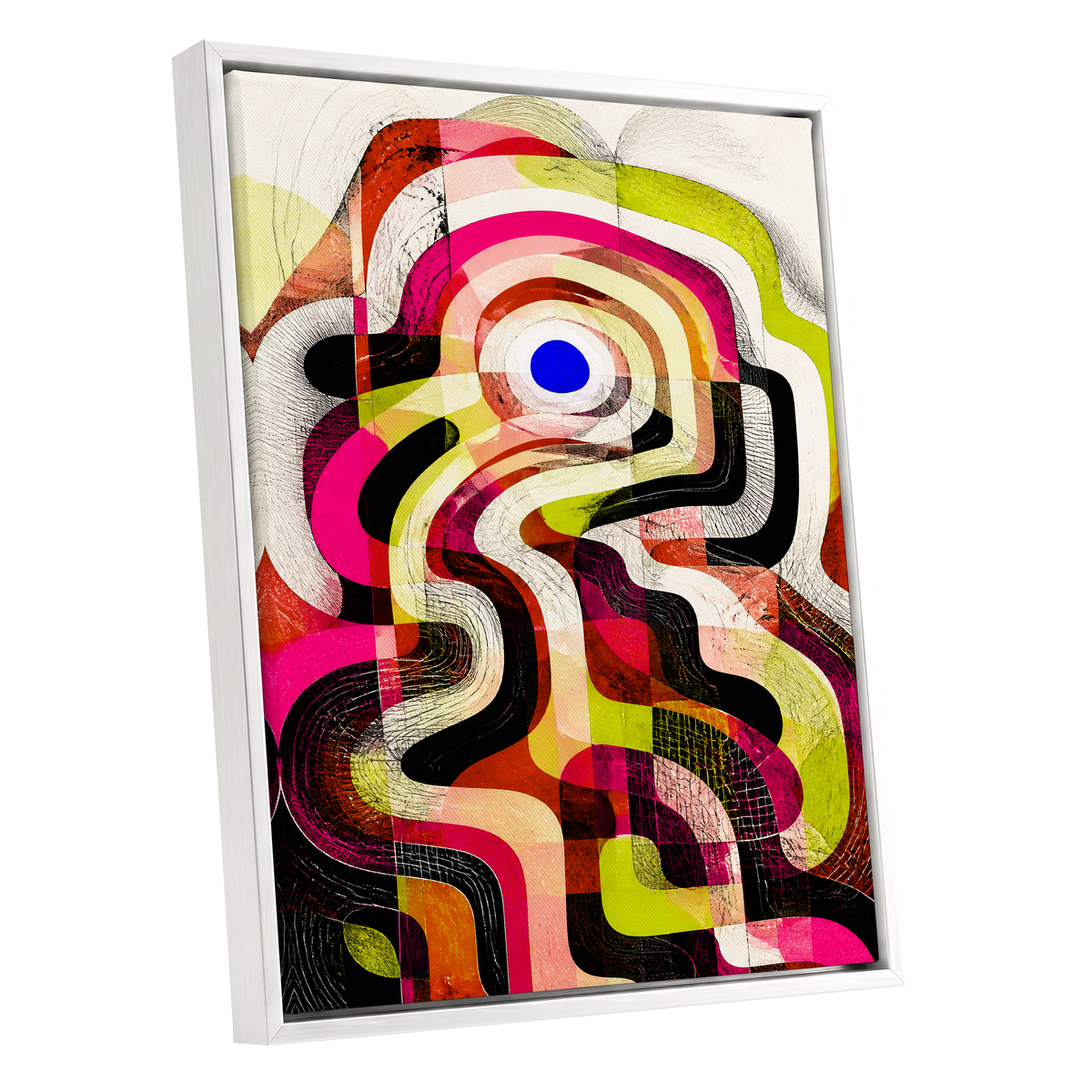 Chromatic Switchback, pink, green, black abstract wall art shown as a white framed canvas wall art