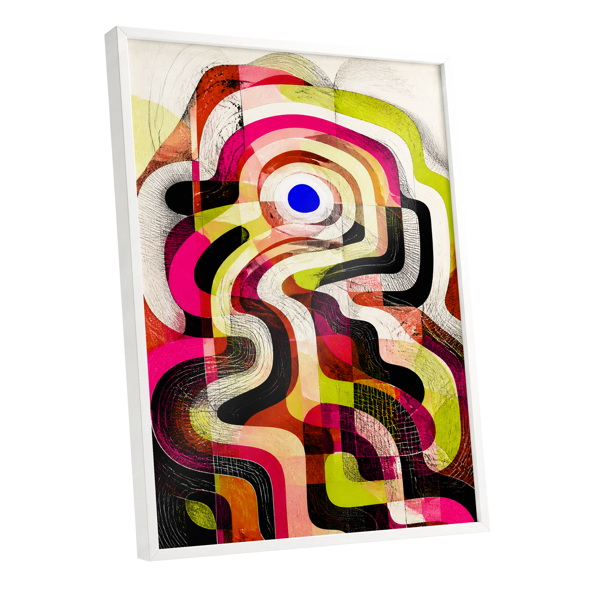 Chromatic Switchback, pink, green, black abstract wall art shown as a white framed poster wall art print