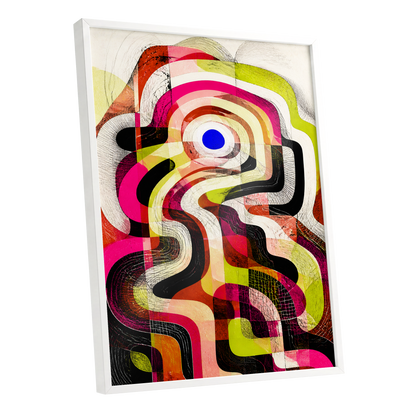 Chromatic Switchback, pink, green, black abstract wall art shown as a white framed poster wall art print