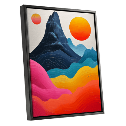 Chromatic Tides, blue, pink, orange nature wall art shown as a black framed canvas wall art