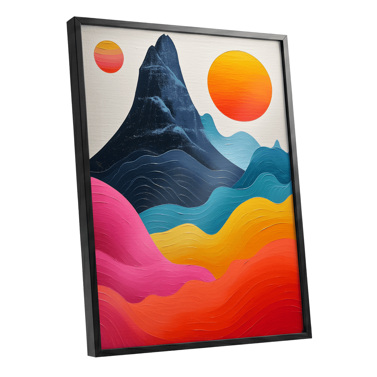Chromatic Tides, blue, pink, orange nature wall art shown as a black framed poster wall art print