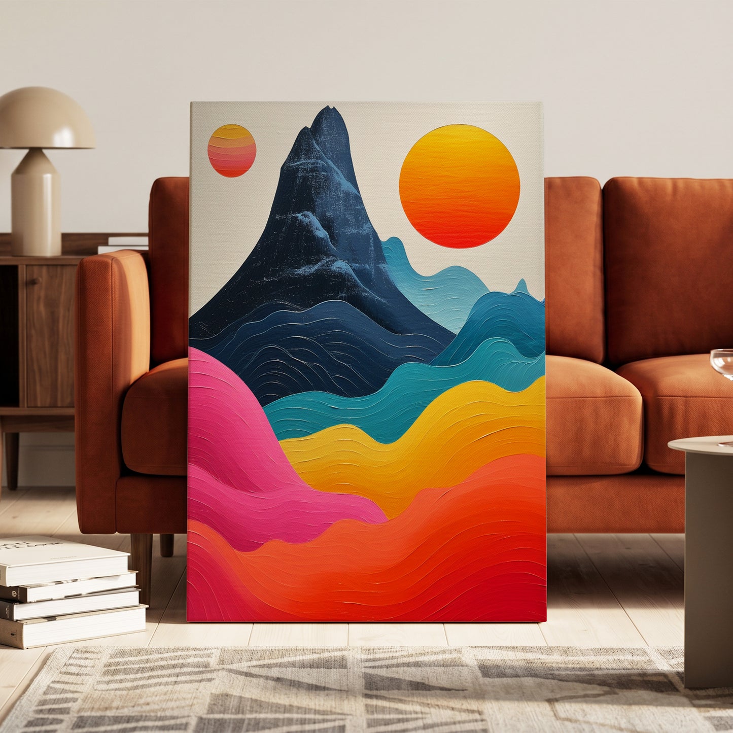 Chromatic Tides, blue, pink, orange nature wall art on canvas displayed in a styled interior, gallery view 1