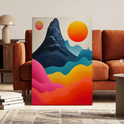 Chromatic Tides, blue, pink, orange nature wall art on canvas displayed in a styled interior, gallery view 1