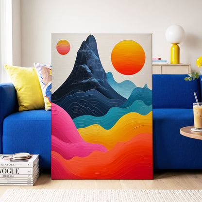 Chromatic Tides, blue, pink, orange nature wall art on canvas displayed in a styled interior, gallery view 2