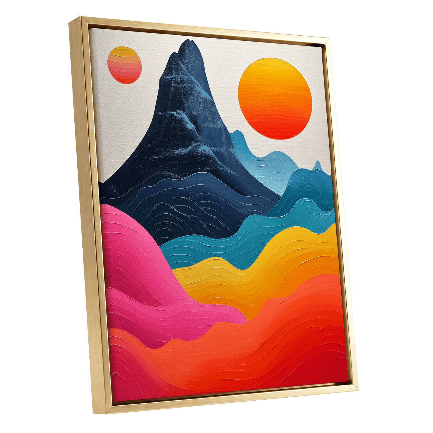 Chromatic Tides, blue, pink, orange nature wall art shown as a gold framed canvas wall art