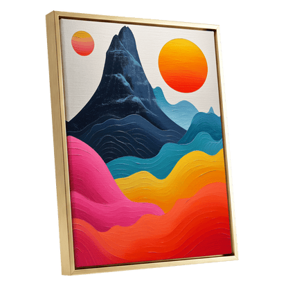 Chromatic Tides, blue, pink, orange nature wall art shown as a gold framed canvas wall art