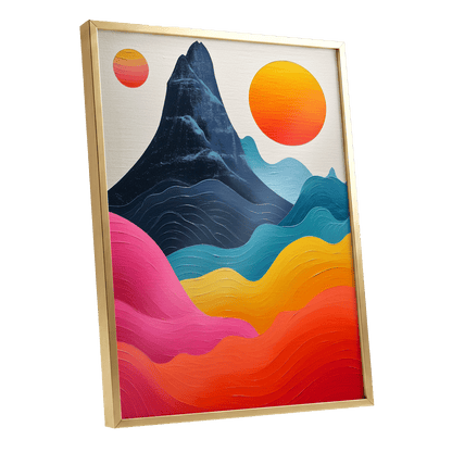 Chromatic Tides, blue, pink, orange nature wall art shown as a gold framed poster wall art print