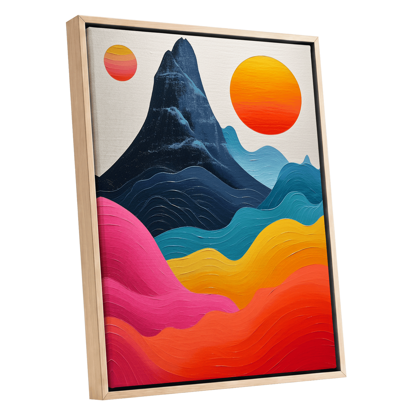 Chromatic Tides, blue, pink, orange nature wall art shown as a oak framed canvas wall art