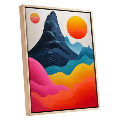 Chromatic Tides, blue, pink, orange nature wall art shown as a oak framed canvas wall art