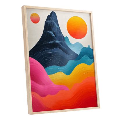 Chromatic Tides, blue, pink, orange nature wall art shown as a oak framed poster wall art print