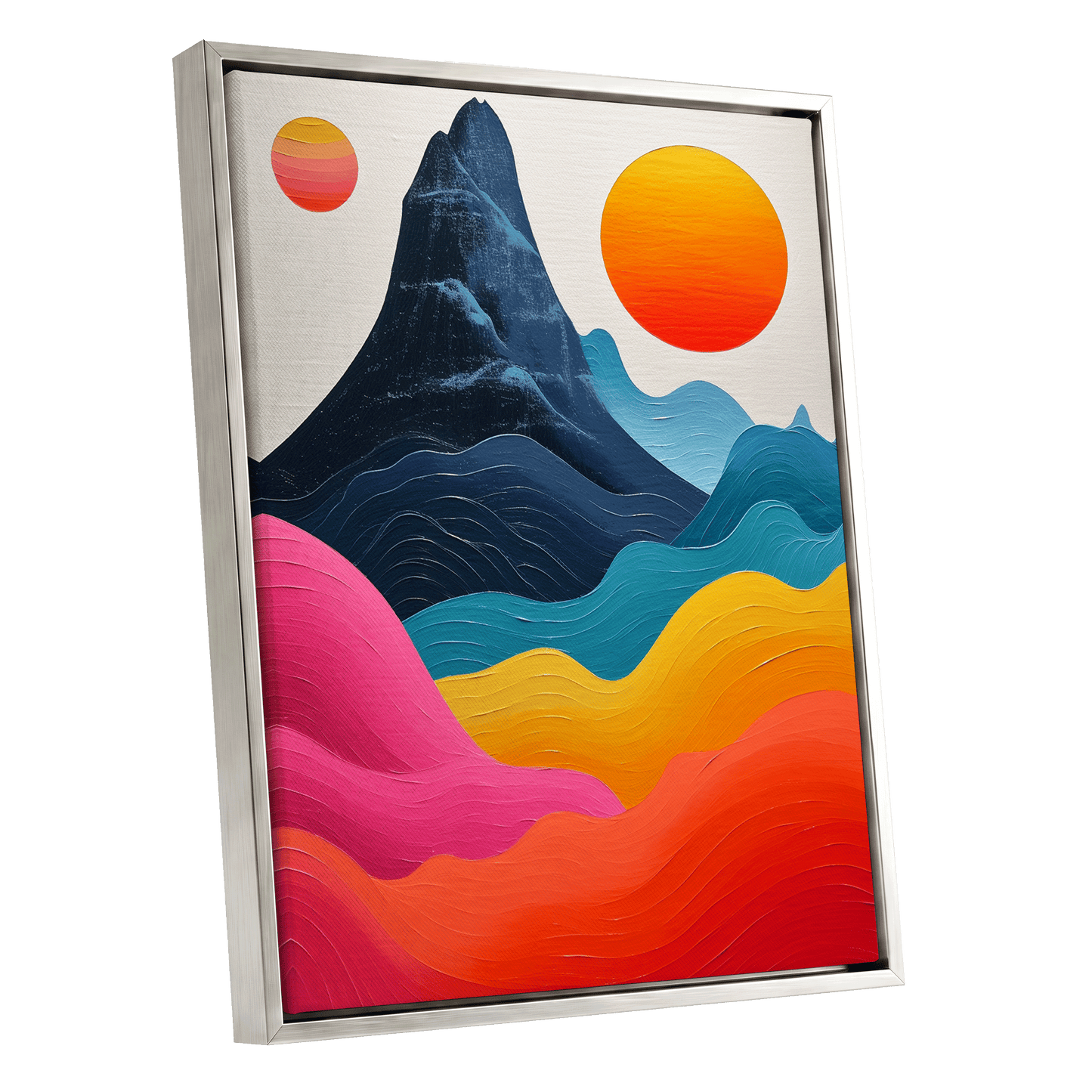 Chromatic Tides, blue, pink, orange nature wall art shown as a silver framed canvas wall art