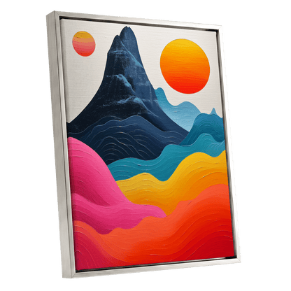 Chromatic Tides, blue, pink, orange nature wall art shown as a silver framed canvas wall art