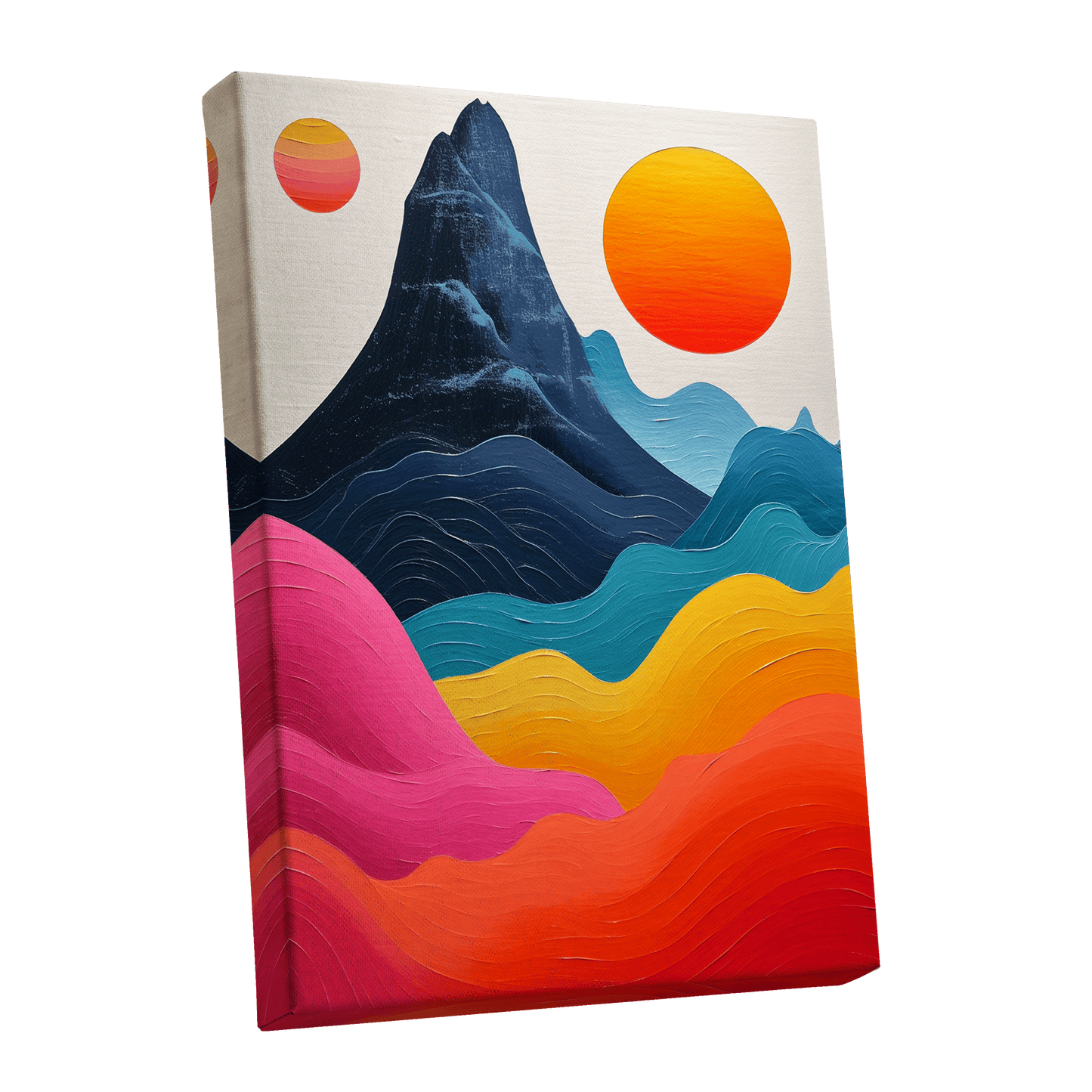 Chromatic Tides, blue, pink, orange nature wall art shown as a stretched canvas wall art