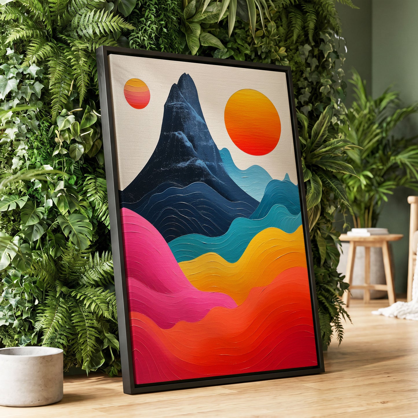Chromatic Tides, blue, pink, orange nature wall art displayed in a styled interior, gallery view 1