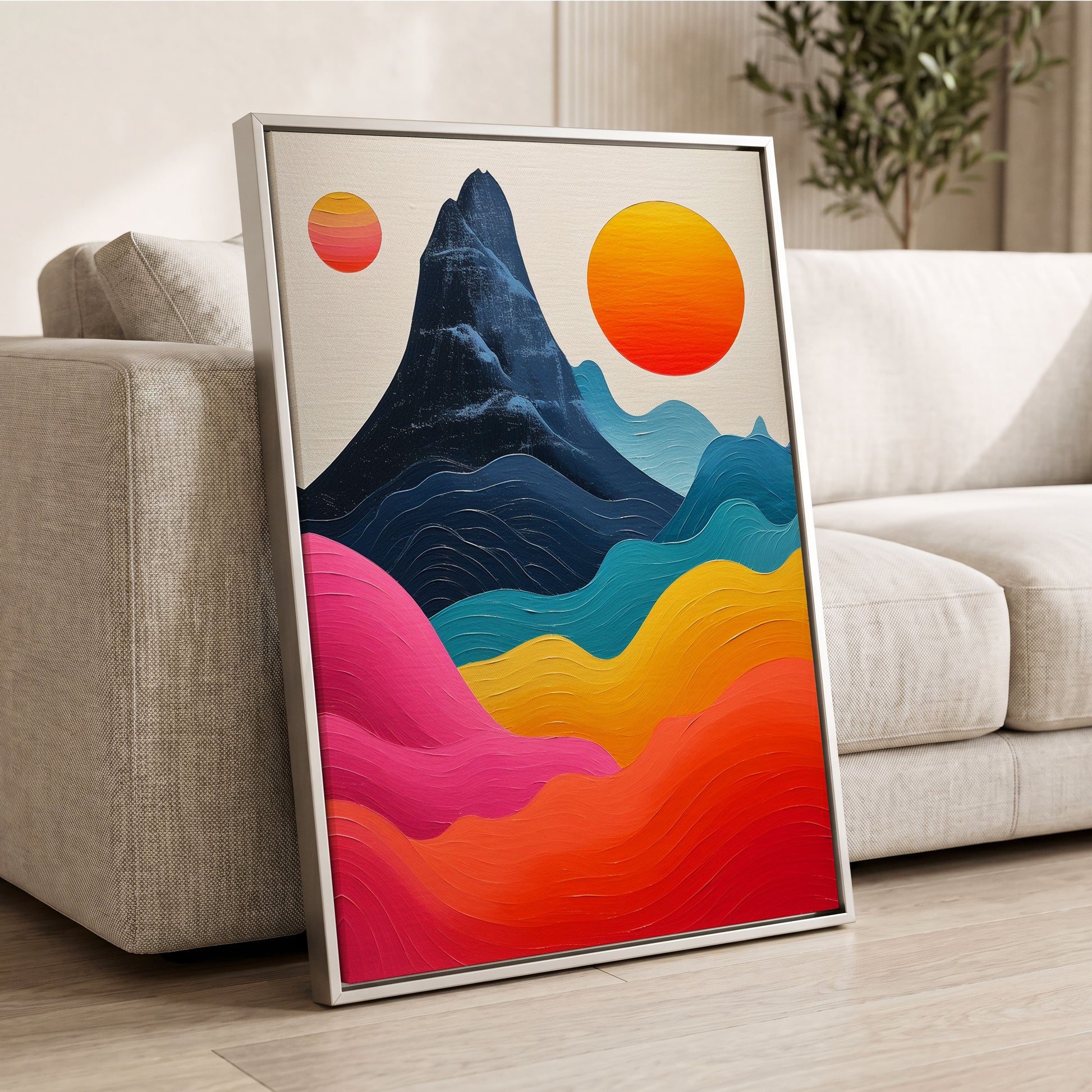 Chromatic Tides, blue, pink, orange nature wall art displayed in a styled interior, gallery view 2