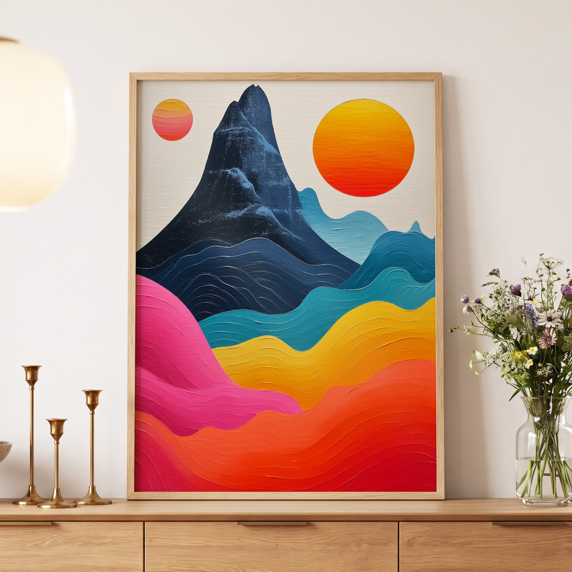 Chromatic Tides, blue, pink, orange nature wall art displayed in a styled interior, gallery view 4