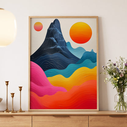Chromatic Tides, blue, pink, orange nature wall art displayed in a styled interior, gallery view 4