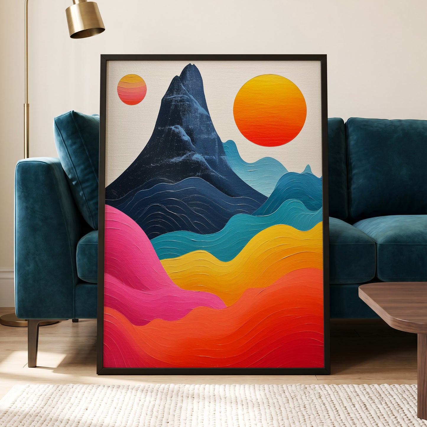 Chromatic Tides, blue, pink, orange nature wall art displayed in a styled interior, gallery view 5