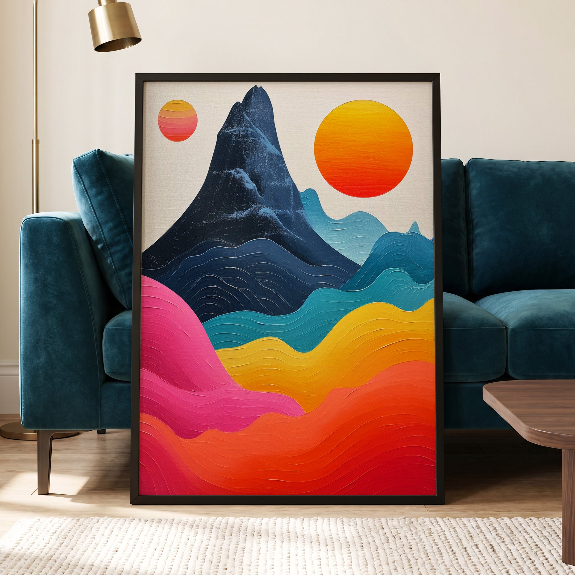 Chromatic Tides, blue, pink, orange nature wall art displayed in a styled interior, gallery view 5