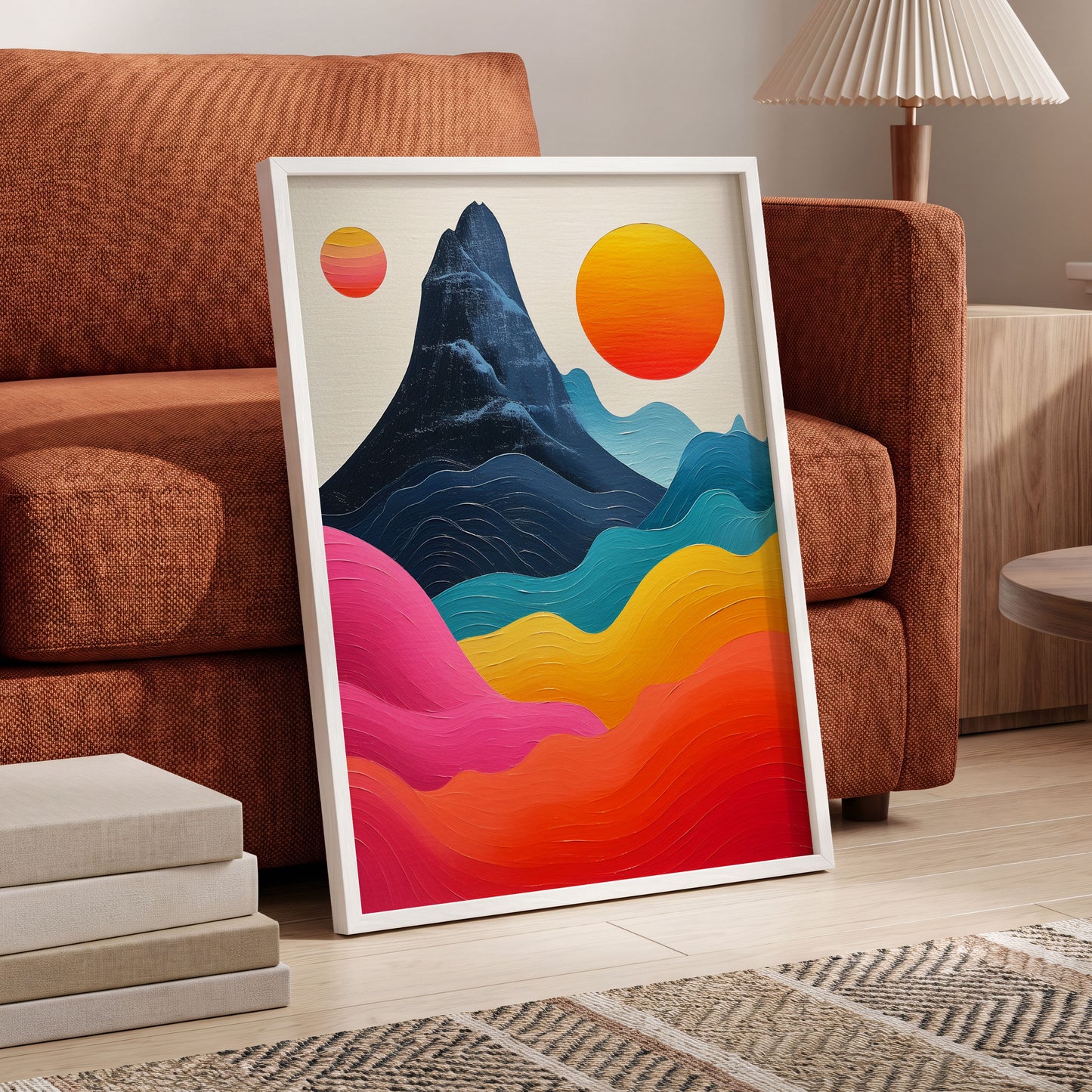 Chromatic Tides, blue, pink, orange nature wall art displayed in a styled interior, gallery view 6