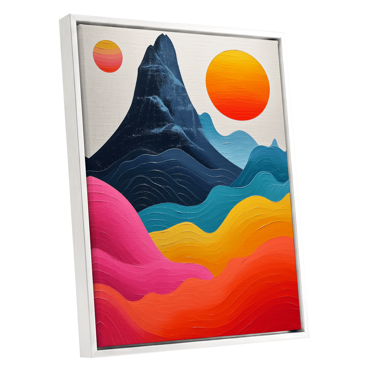 Chromatic Tides, blue, pink, orange nature wall art shown as a white framed canvas wall art