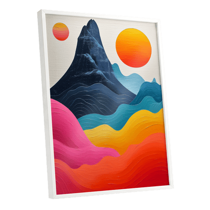 Chromatic Tides, blue, pink, orange nature wall art shown as a white framed poster wall art print