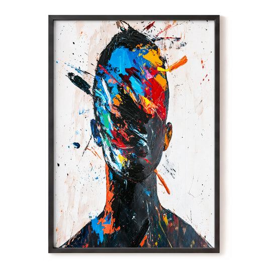 Chromatic Visage, black, blue, orange abstract wall art, front artwork view