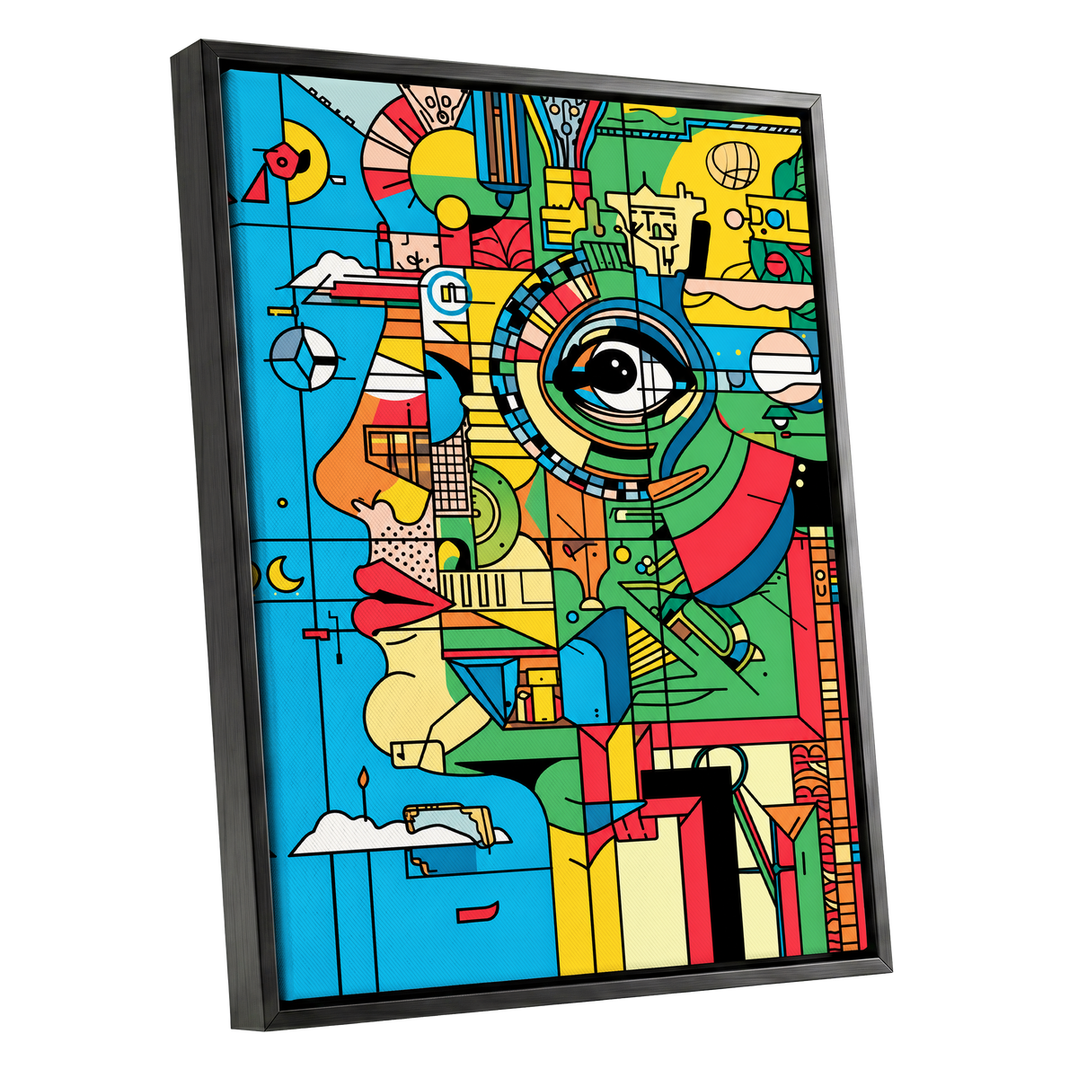 Chromatic Watch, blue, green, yellow abstract wall art shown as a black framed canvas wall art