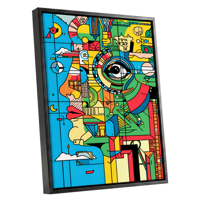 Chromatic Watch, blue, green, yellow abstract wall art shown as a black framed canvas wall art