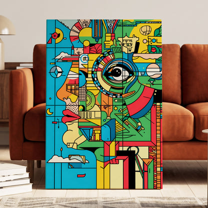 Chromatic Watch, blue, green, yellow abstract wall art on canvas displayed in a styled interior, gallery view 1