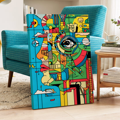 Chromatic Watch, blue, green, yellow abstract wall art on canvas displayed in a styled interior, gallery view 2