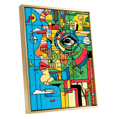 Chromatic Watch, blue, green, yellow abstract wall art shown as a gold framed canvas wall art
