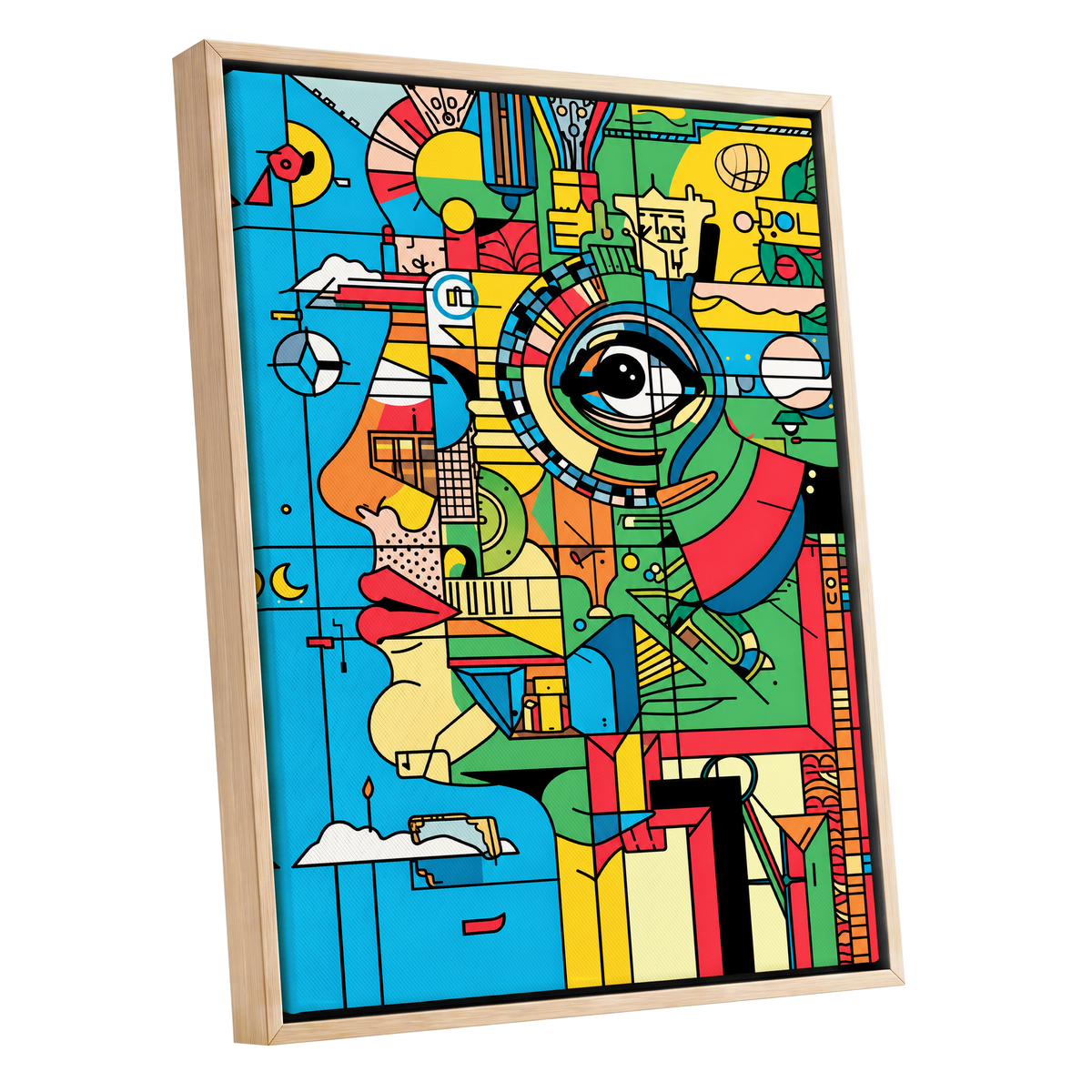 Chromatic Watch, blue, green, yellow abstract wall art shown as a oak framed canvas wall art