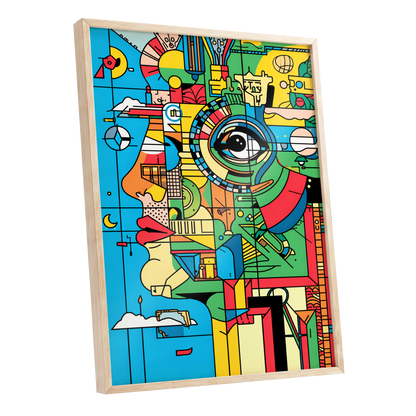 Chromatic Watch, blue, green, yellow abstract wall art shown as a oak framed poster wall art print