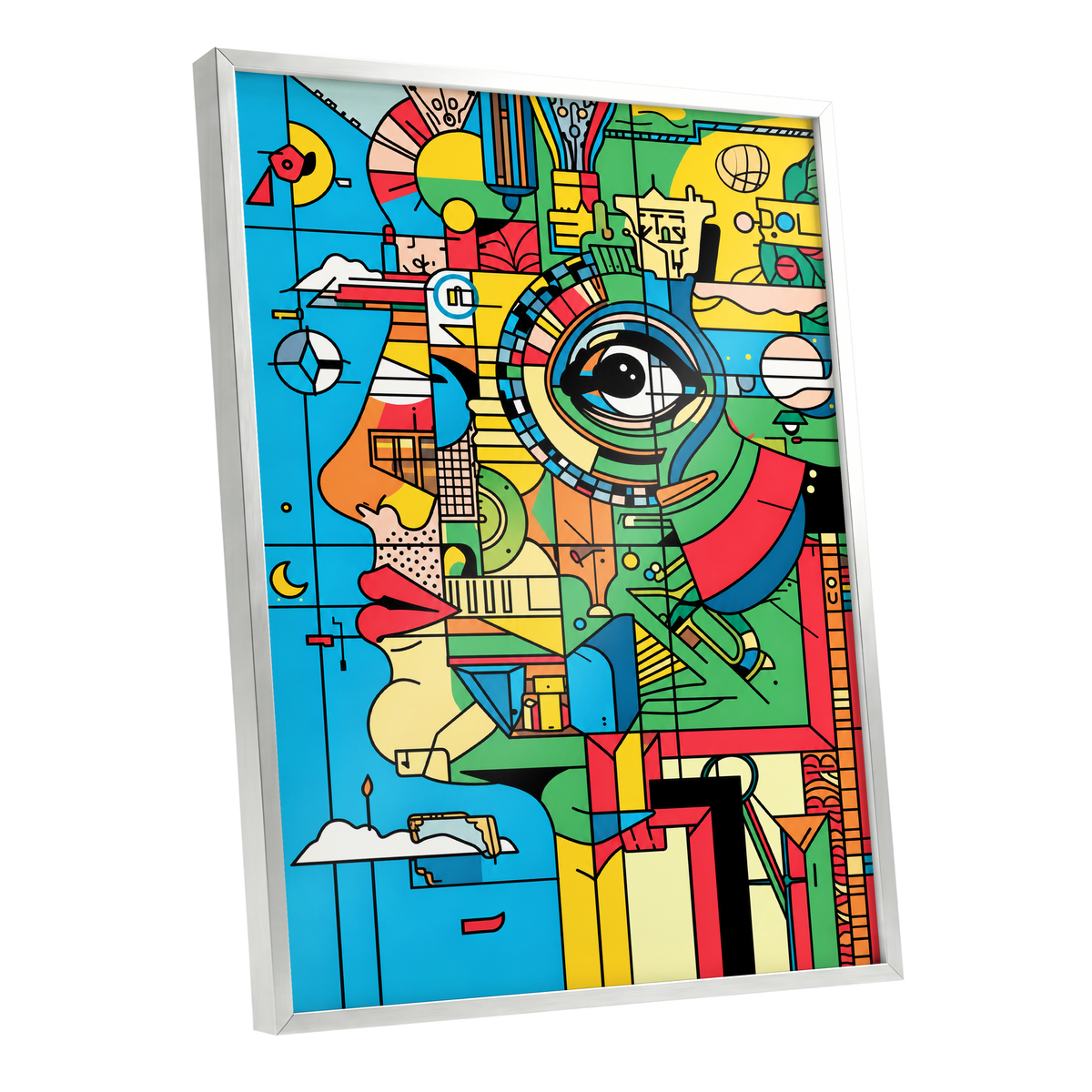 Chromatic Watch, blue, green, yellow abstract wall art shown as a silver framed poster wall art print