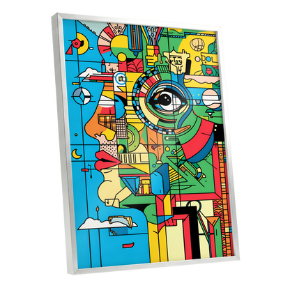 Chromatic Watch, blue, green, yellow abstract wall art shown as a silver framed poster wall art print