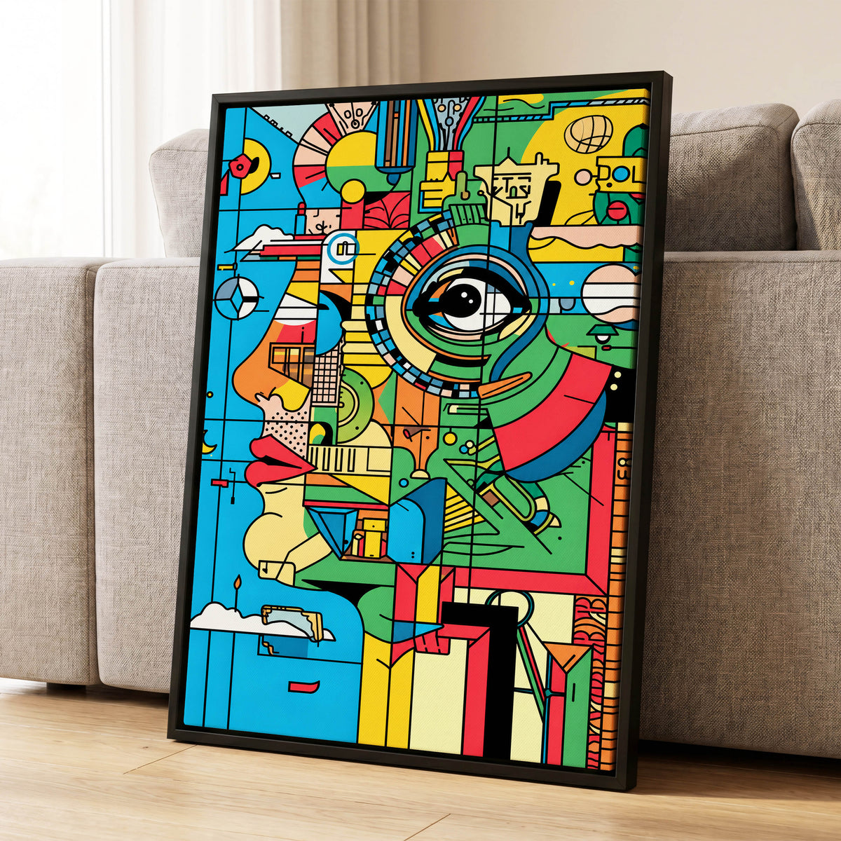 Chromatic Watch, blue, green, yellow abstract wall art displayed in a styled interior, gallery view 1