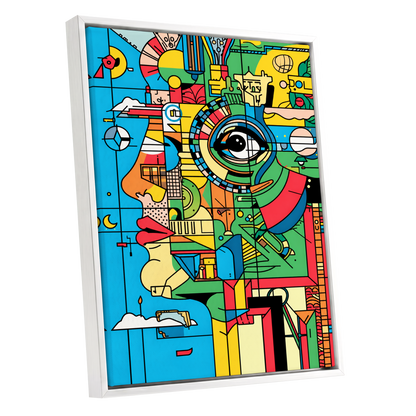 Chromatic Watch, blue, green, yellow abstract wall art shown as a white framed canvas wall art