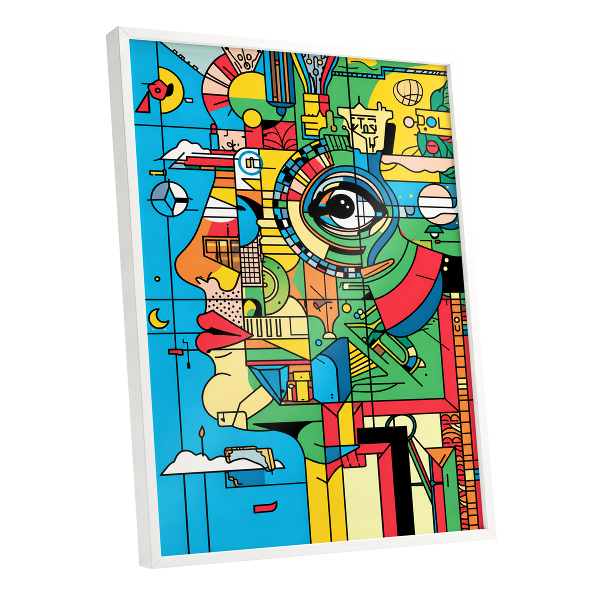 Chromatic Watch, blue, green, yellow abstract wall art shown as a white framed poster wall art print