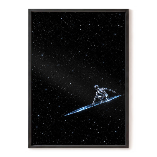 Chrome Star Rider, black, blue, white minimalist wall art, front artwork view