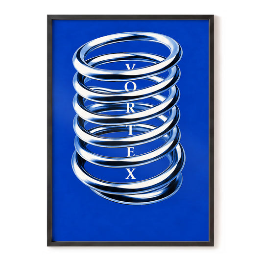 Chrome Vortex, blue, white, black abstract wall art, front artwork view