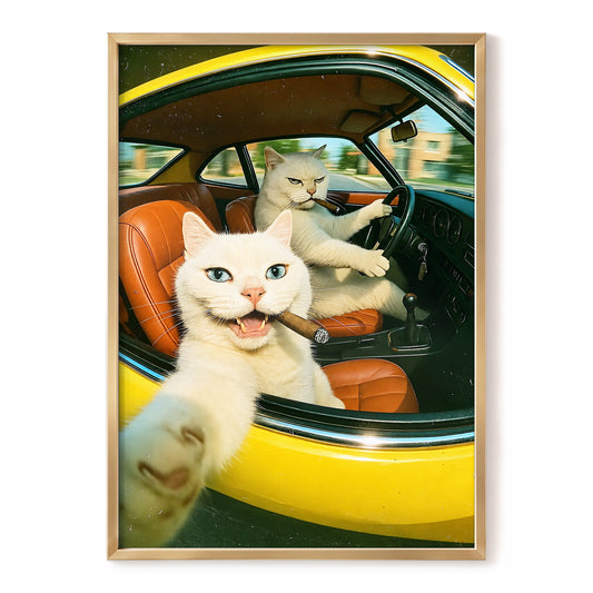 Cigar Cats on the Road, yellow, white, brown nature wall art, front artwork view