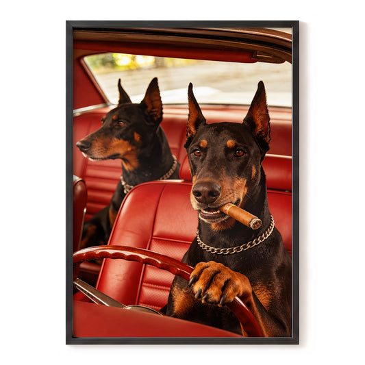 Cigar Club Dobermans, black, red, brown nature wall art, front artwork view