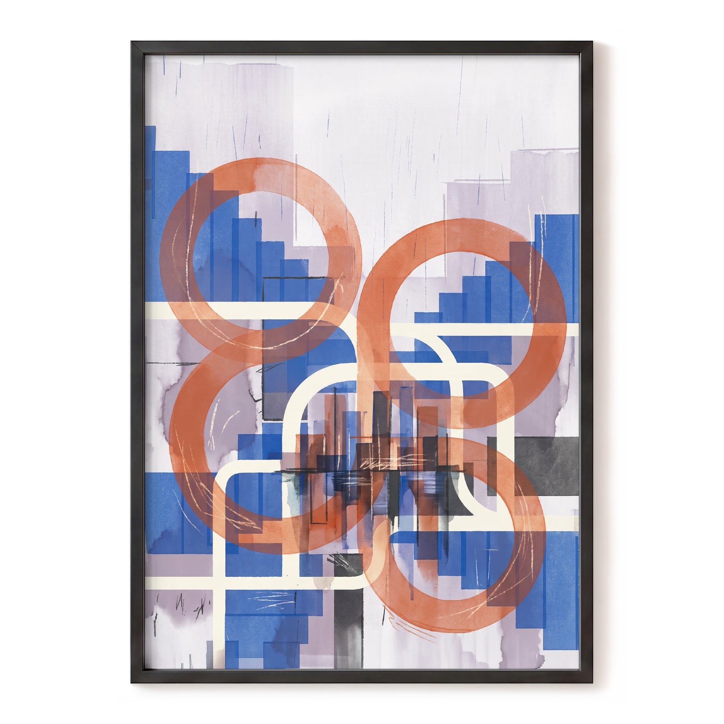 Circles in Transit, blue, orange, beige abstract wall art, front artwork view