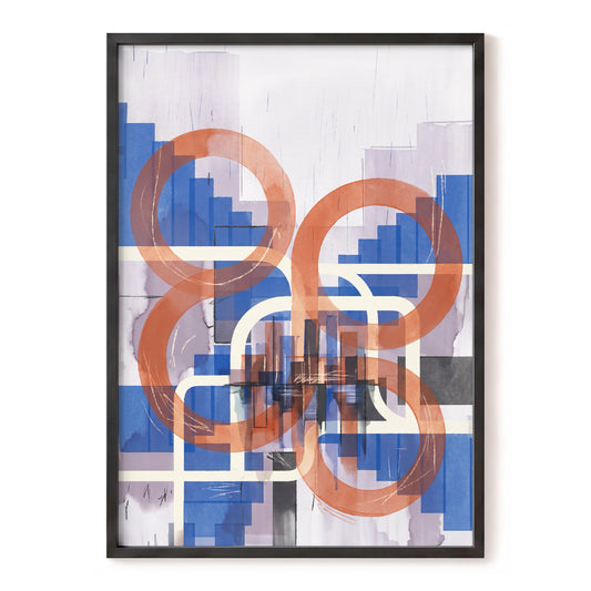 Circles in Transit, blue, orange, beige abstract wall art, front artwork view