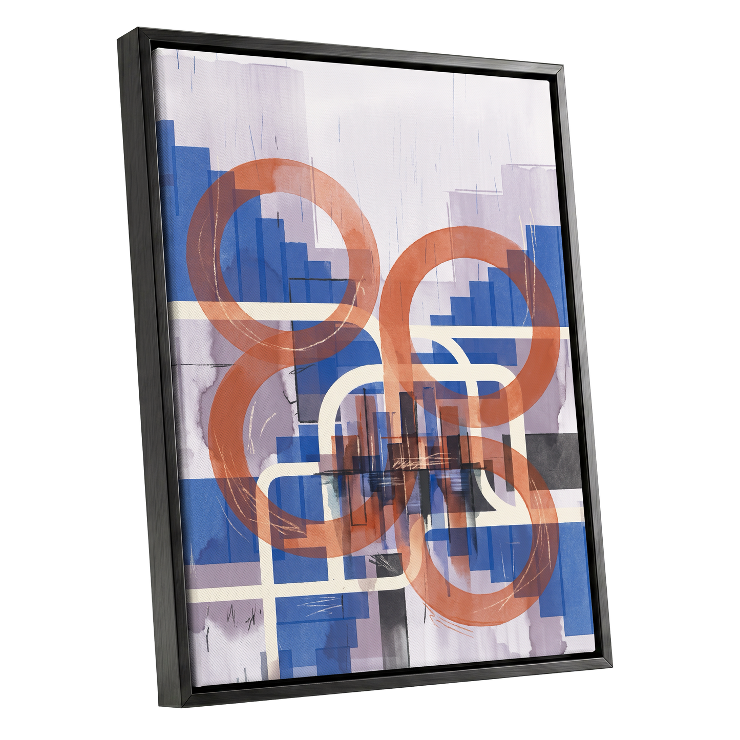 Circles in Transit, blue, orange, beige abstract wall art shown as a black framed canvas wall art