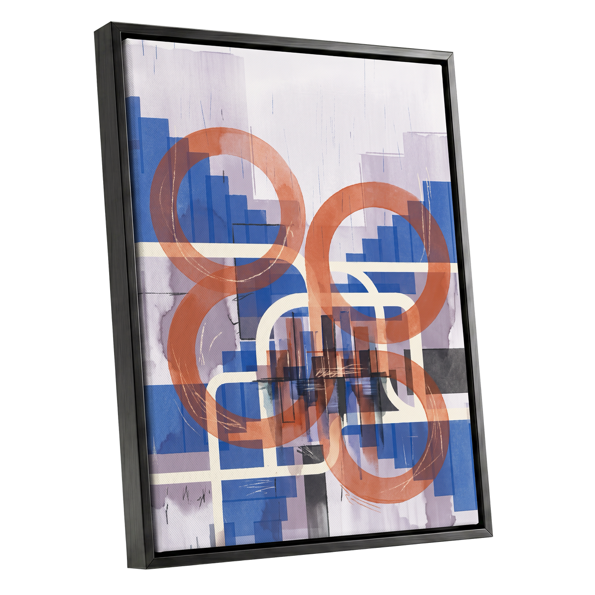 Circles in Transit, blue, orange, beige abstract wall art shown as a black framed canvas wall art