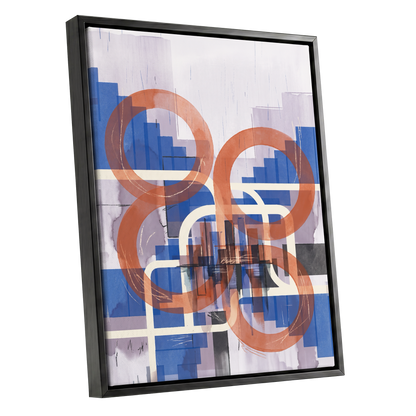 Circles in Transit, blue, orange, beige abstract wall art shown as a black framed canvas wall art