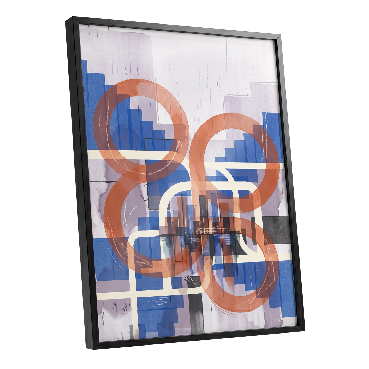 Circles in Transit, blue, orange, beige abstract wall art shown as a black framed poster wall art print