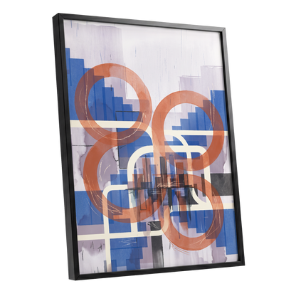 Circles in Transit, blue, orange, beige abstract wall art shown as a black framed poster wall art print